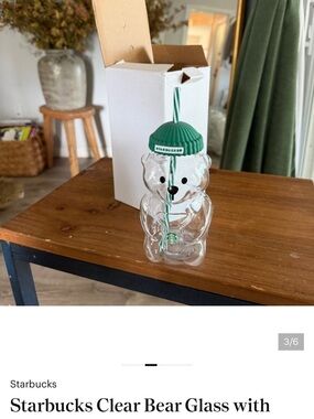 Starbucks Clear Bear Glass Tumbler with Green Beanie Lid and Striped Straw